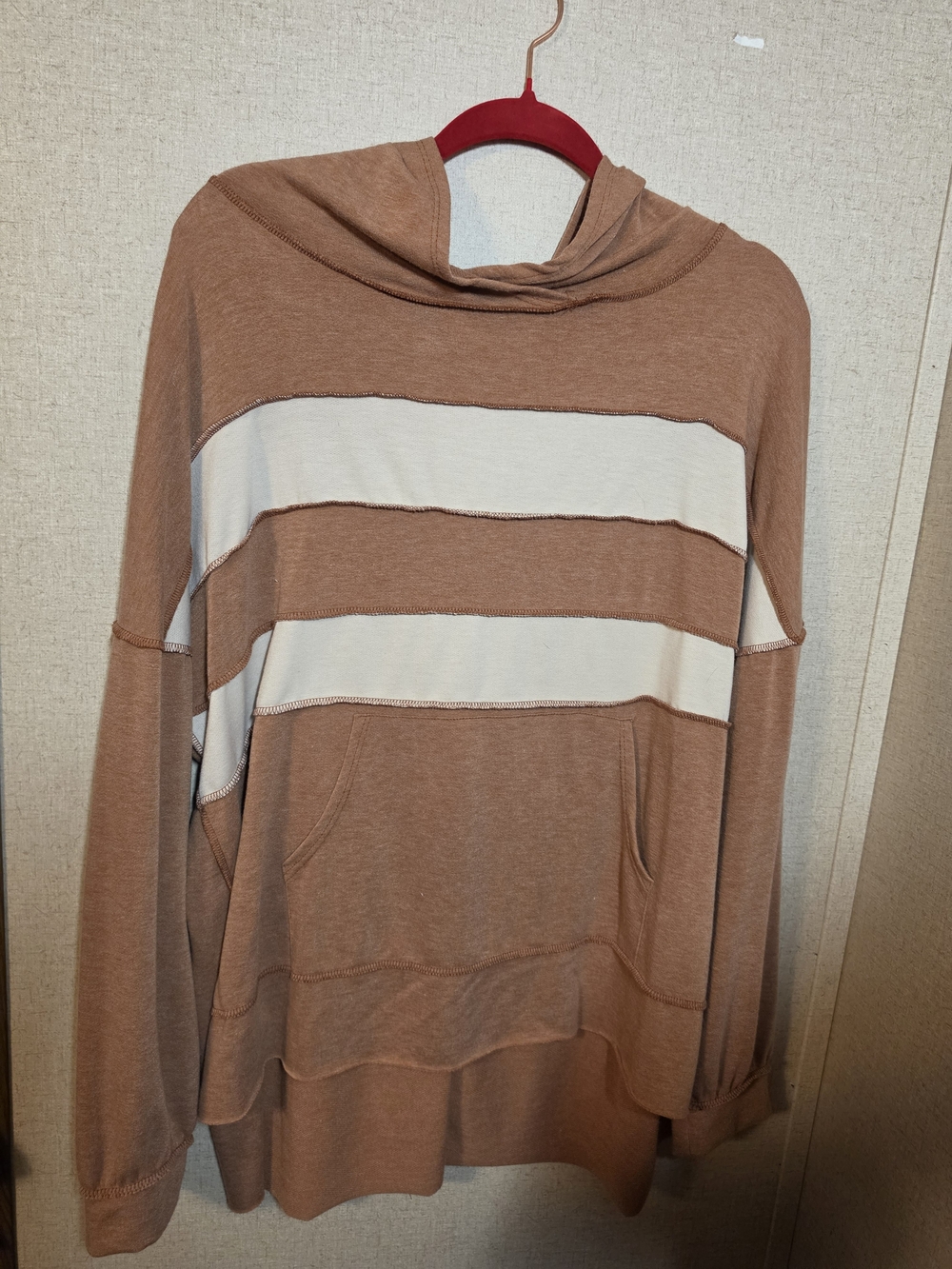 Haptics Taupe Stripe Hooded Long Sleeve Shirt with Cream Accent. Thin Material